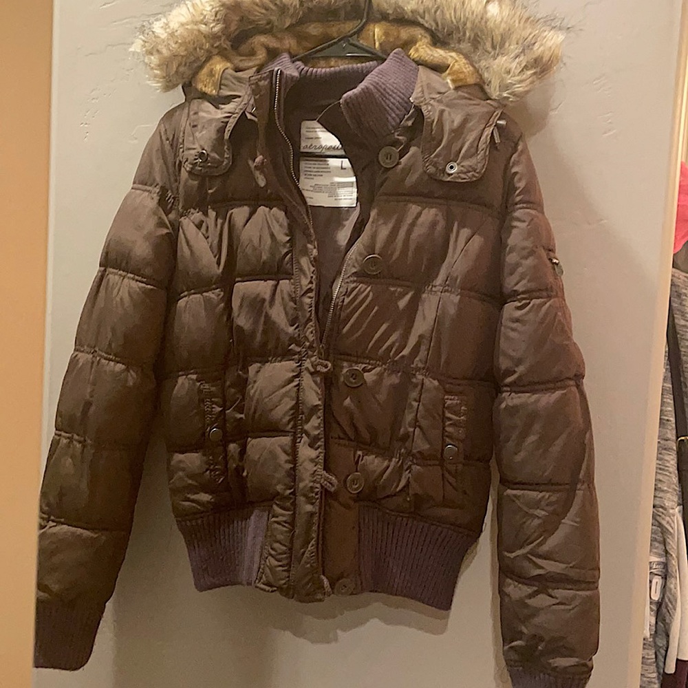 Puffer coat brown with fur hood. Size large in Aeropostale.